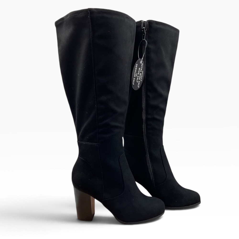 Style & Co Womens Black Faux Suede Knee High Block Heel Boots Wide Width 7W